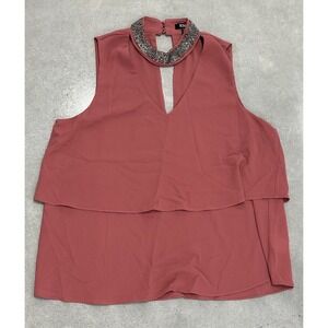 XOXO Women's Sleeveless Beaded Collar Layered Chiffon Top Rust Red Size M